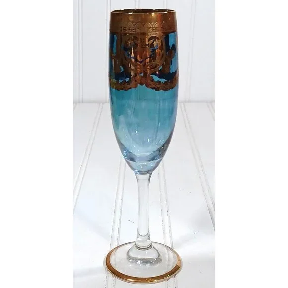 GlassOfVenice Murano Glass Champagne Flutes 24K Gold Leaf - Blue Set 4 Vintage - Picture 10 of 16
